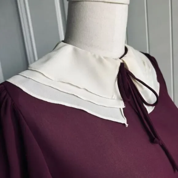 Vintage Blouse Maroon Sheer‎ Size Small Tie Neck Cream Collar Button C’est Chic - Picture 5 of 16